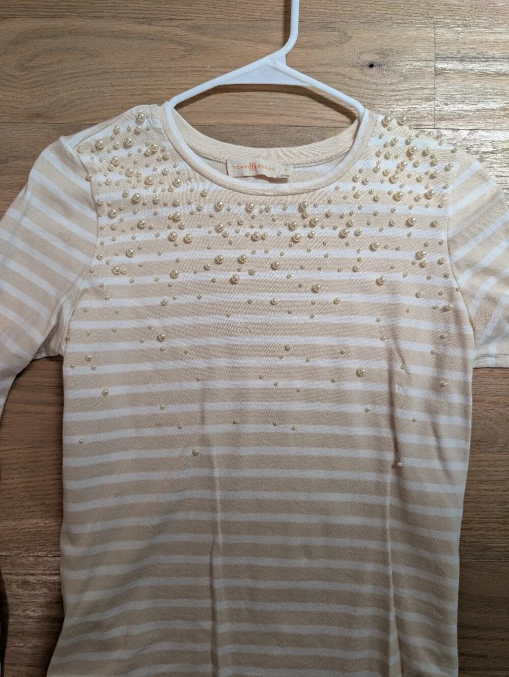 Tory Burch Cream and White Striped Long-Sleeve Tee with Pearl Beads Size S